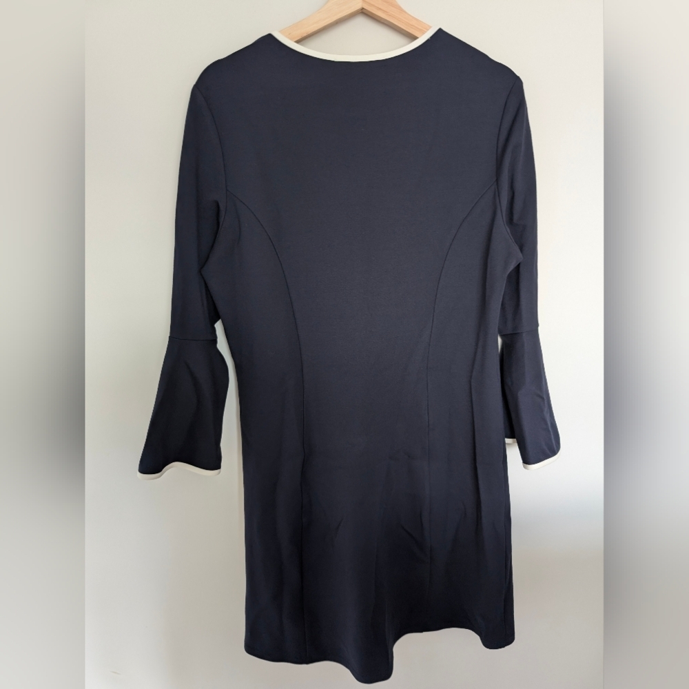 JUDE CONNALLY ALICE PONTE DRESS Navy Bell Sleeve Size Large Career Office - Picture 3 of 8
